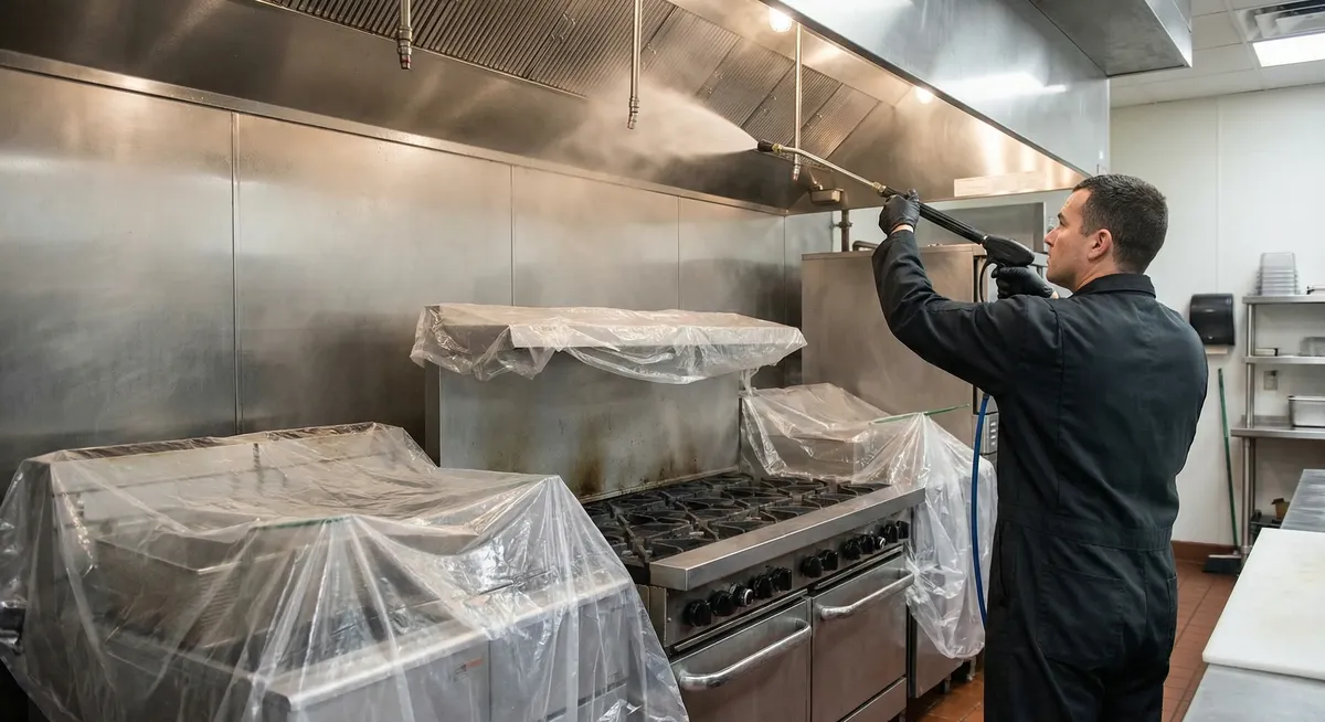 Dallas restaurant hood cleaning technician servicing a commercial kitchen exhaust system