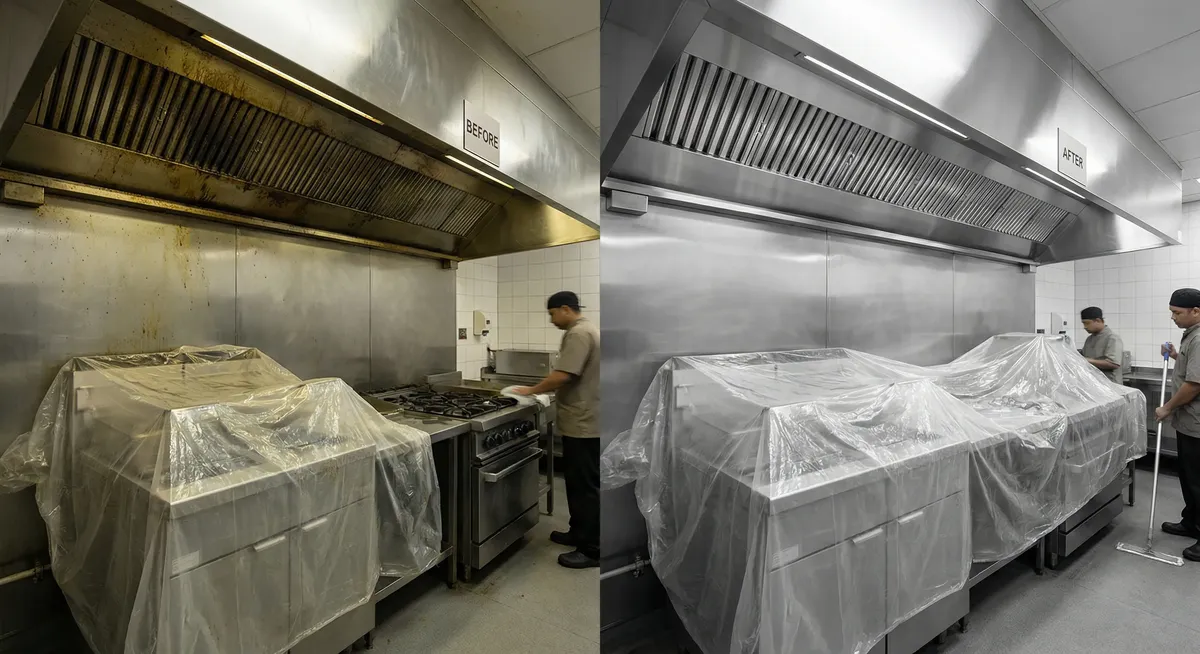 Before and after Dallas hood cleaning comparison showing restaurant grease removal results
